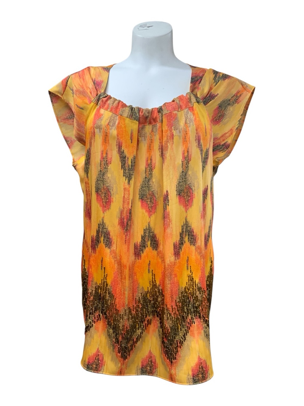 Ann Taylor Yellow and Orange Ikat Flutter Sleeve Tunic